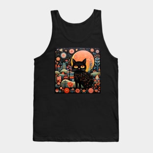 Surrealistic Folk Art Dark Floral Motif Black Cat Design Tank Top